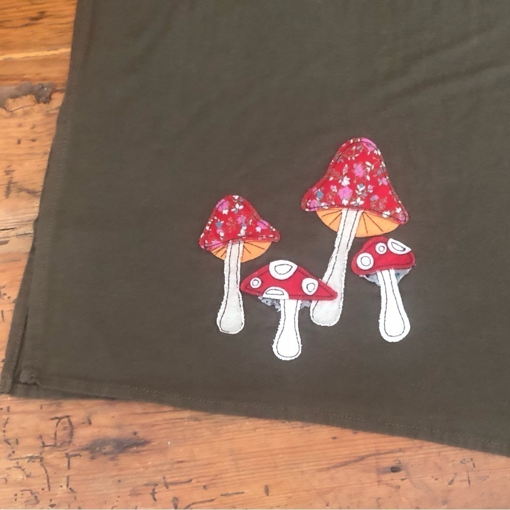 Mushroom appliqué olive t shirt knit scarf 66” x 18” woodland mushroom
